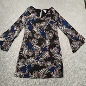 White House Black Market Dress Paisley Size 4 Bell Sleeves Midi Lined Blue Black